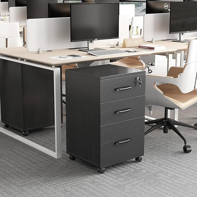 File Cabinet 3 Drawers with 1 Lock Wooden Rolling Mobile Filing Cabinet with Wheels for Home Office Under Desk File Cabinet Office Storage Cabinet, Black