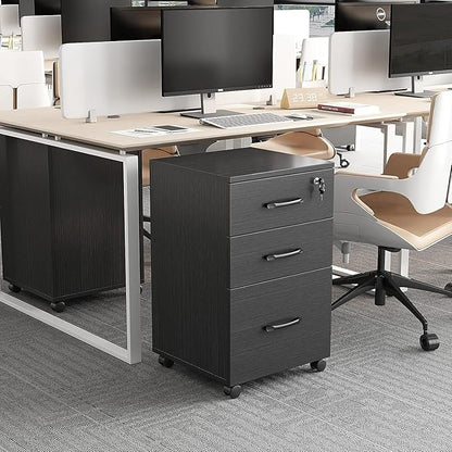File Cabinet 3 Drawers with 1 Lock Wooden Rolling Mobile Filing Cabinet with Wheels for Home Office Under Desk File Cabinet Office Storage Cabinet, Black