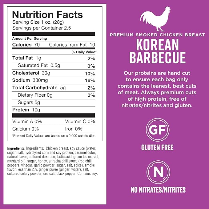 Chef’s Cut Real Chicken Jerky | High Protein Meat Snack with 10 g Protein & 70 Calories, Gluten Free, Keto-Friendly, Premium Lean Smoked Chicken Breast | Korean Barbecue | 2.5 oz (Pack of 4)