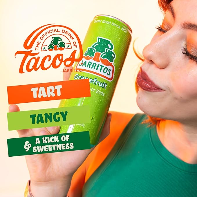 Jarritos - Mexican Soda Soft Drinks, Grapefruit (12 oz, 355ml) 8 Cans (3 Boxes of 8) - Real Cane Sugar - 130 Calories, 0g Fat - Made in Mexico - Natural Flavor Soda Pop - Party & BBQ Beverages