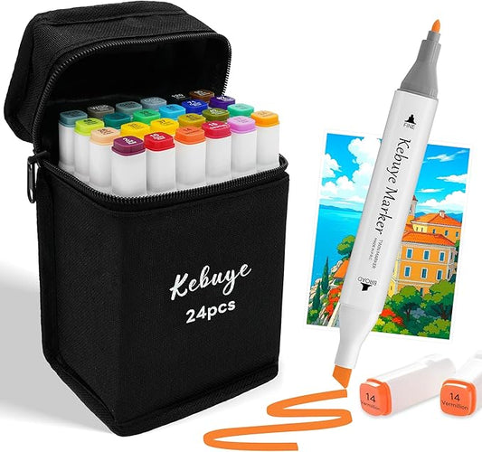 Alcohol Based Art Markers Set 24 Color - Professional Double Sided Marcadores for Artist, Best Blendable Coloring Marker Pens for Adult - Coloring Books No Bleeding Illustration Drawing for Kids Gifts