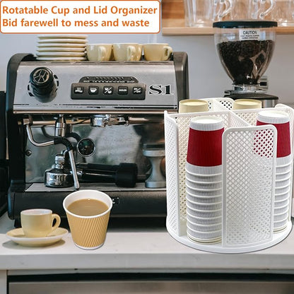 Cup and Lid Organizer Rotatable Coffee Cup Dispenser fit 5-16oz Cups Organizer, Paper Cup Storage Holder with 4 Compartment, Plastic Cup Rack for Countertop, Coffee Shop, Bar, Office White