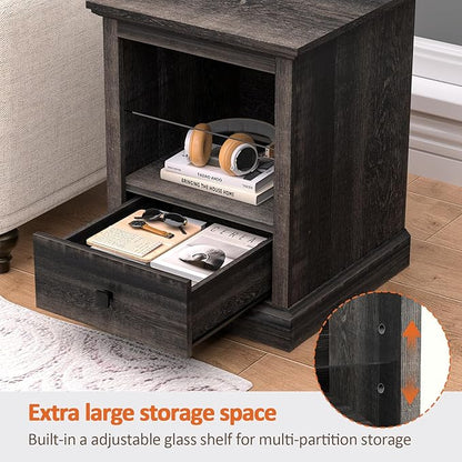 Resyet LED End Table with Charging Station - Adjustable Shelf Nightstand with Drawer, Storage, and Wooden Design for Bedroom & Living Room (Dark Rustic Oak)