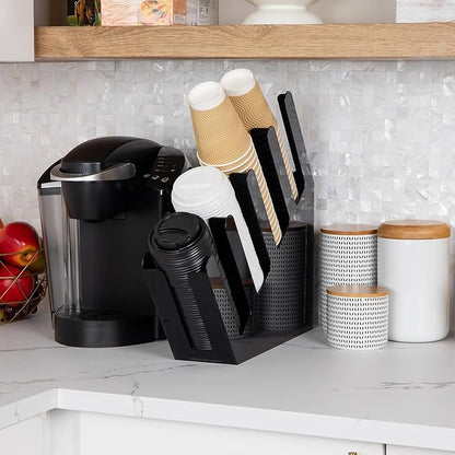 Mind Reader Cup and Lid Dispenser, Countertop Organizer, Coffee Bar, Beverage, Kitchen, Breakroom, 4"L x 18"W x 16"H, Black