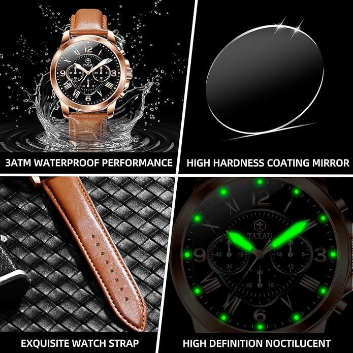 Mens Watches Luxury Dress Waterproof Leather Watch with Date Day Analog Quartz Large Number Wrist Watch Casual Classic Luminous Scales Big Face Easy Read Reloj para Hombre