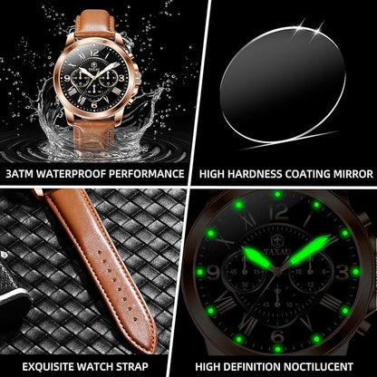 Mens Watches Luxury Dress Waterproof Leather Watch with Date Day Analog Quartz Large Number Wrist Watch Casual Classic Luminous Scales Big Face Easy Read Reloj para Hombre