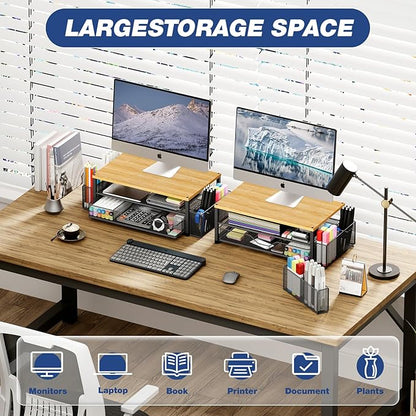 Desk Organizers and Accessories, 2-Tier Computer Monitor Stand with Drawer and 2 Pen Holders, Laptop Stand, Office Desk Accessories for Office Supplies, Oak