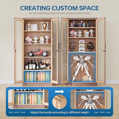 Display Storage Cabinet with Glass Door, 71 Inches Metal Curio Cabinet with 4 Adjustable Shelves, Locking Glass Display Case for Home, Office, Clinic, Pantry, Assemble Required (Wood Color)