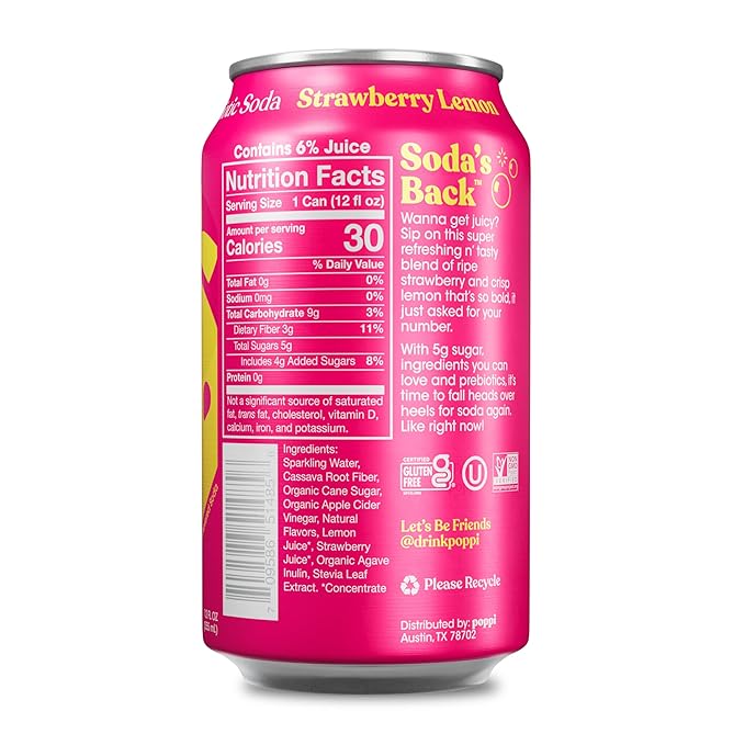 Poppi Sparkling Prebiotic Soda Beverage with Apple Cider Vinegar, Seltzer Water and Fruit Juice, Strawberry Lemon Flavor, 12 FL Oz, Pack of 12, Packaging May Vary