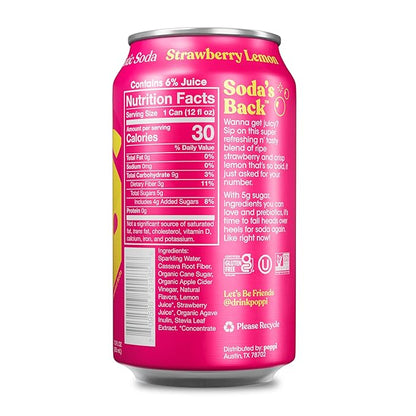 Poppi Sparkling Prebiotic Soda Beverage with Apple Cider Vinegar, Seltzer Water and Fruit Juice, Strawberry Lemon Flavor, 12 FL Oz, Pack of 12, Packaging May Vary