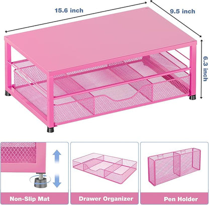 Desk Organizer and Accessories, 2-Tier Computer Monitor Stand with Drawer and 2 Pen Holders, Laptop Stand, Office Desk Accessories for Office Supplies, Carmine Rose