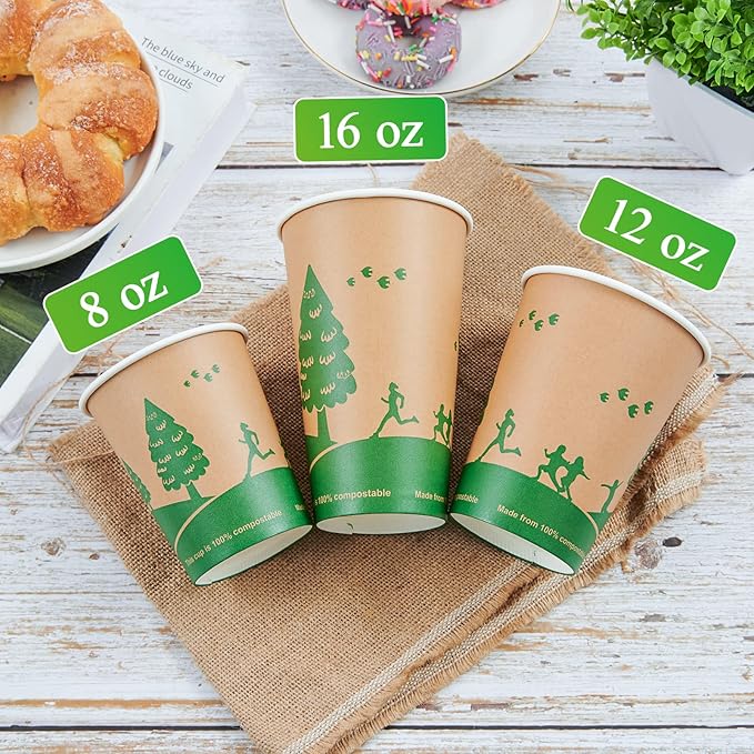 ECOLipak 300 Count Compostable Paper Cups, 8 oz Biodegradable Disposable Paper Coffee Cups with PLA Lined, Eco friendly Hot Drinking Cups for Party, Picnic,Travel,and Events