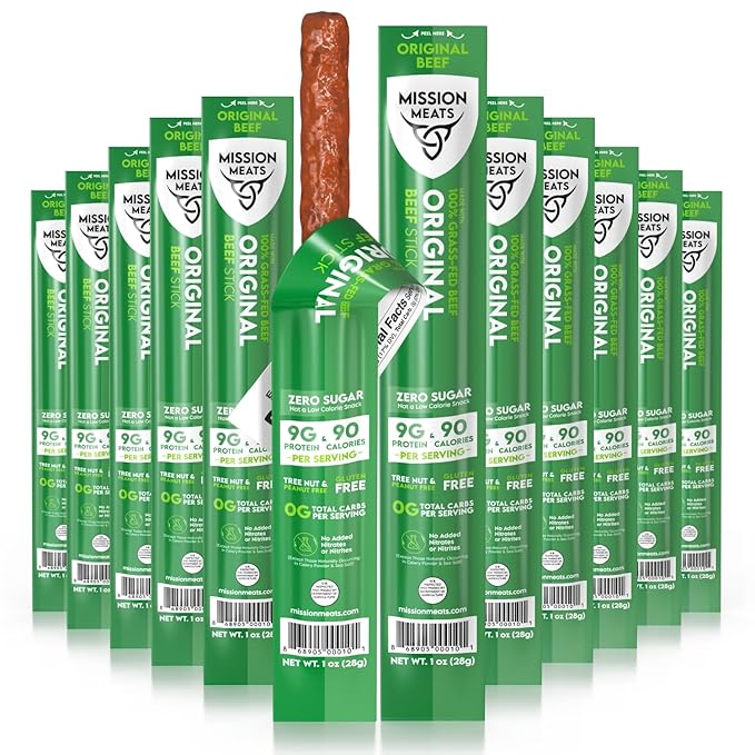 Mission Meats Beef Sticks – 100% Grass Fed Beef, Zero Sugar, Healthy Snacks, Individually Wrapped, Gluten Free, Non-GMO, Original 1oz (Pack of 24)