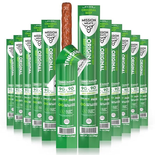 Mission Meats Beef Sticks – 100% Grass Fed Beef, Zero Sugar, Healthy Snacks, Individually Wrapped, Gluten Free, Non-GMO, Original 1oz (Pack of 24)