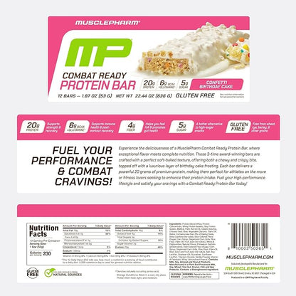 MusclePharm Combat Ready Protein Bar, Confetti Cake High Protein Bars, Combat Cravings, Fuel Performance & Meet Energy Demands, 20g Protein from Whey Protein, 4g Fiber, Gluten Free, 12 Bars