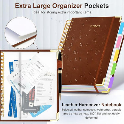 Hardcover Spiral Notebook 8"x10" Journal Notebook with Tabs and Removable Dividers 300 Pages 5 Subject Notebook College Ruled, Faux Leather Spiral Bound Notebook for Women School Work (Brown)