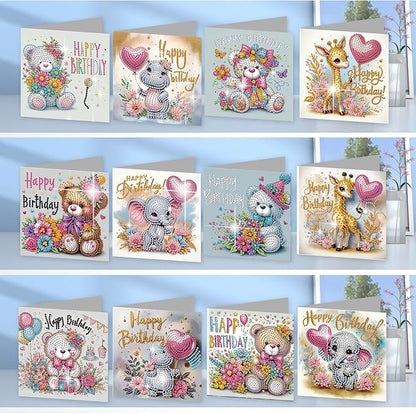 jinglinhh 12pcs Diamond Art Painting Birthday Bear Elephant Giraffe Flower Balloon Greeting Cards with Envelopes, DIY Card Making Kits for Adults, Diamond Art Postcards Christmas Cards Craft Gifts