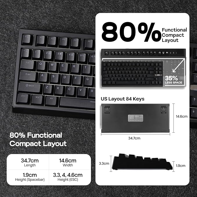 EPOMAKER G84 80% RGB Gaming Mechanical Keyboard, 2.4GHz/ Type-C/BT Wireless Keyboard, QMK/VIA Programmable, Hot-Swappable, NKRO, with Shine Through PBT Keycaps for Gamers (Black, Clear Switch)