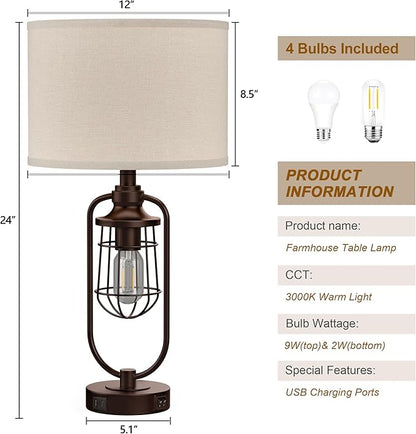 Table Lamps for Living Room Set of 2, Farmhouse Lamps for Night Stands, Industrial Bedside Lamps for Bedroom Nightstand with USB A+C, Bulbs Included
