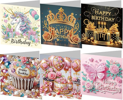 6PCS Diamond Art Painting Greeting Card Set, Birthday Pattern Cards with Envelopes,DIY Card Making Kits Thank You Card Arts Crafts for Birthday