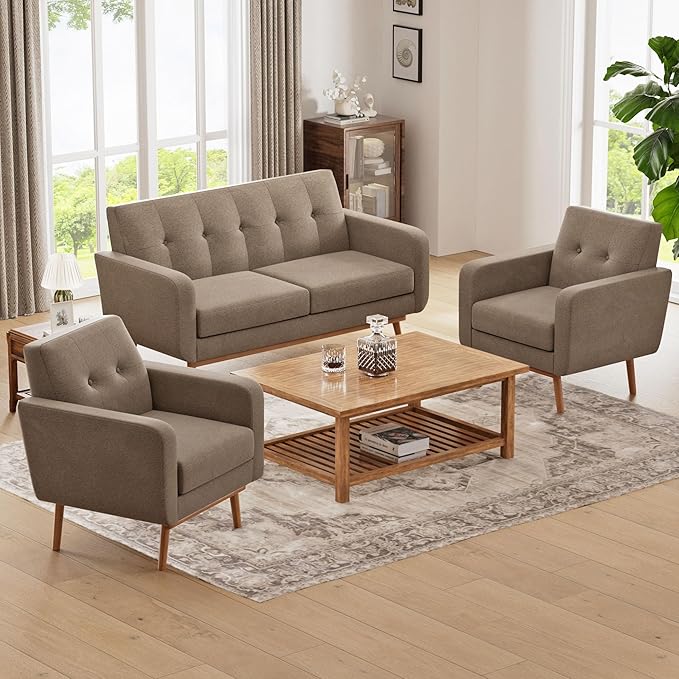 HUIMO Living Room Set, Button Tufted Living Room Furniture Sets, Upholstered Modern Couch Set with Solid Frame, Deep Seat Sofa Set for Living Room, Office (Brown, 3 Piece Set-1*loveseat+2*Chair)