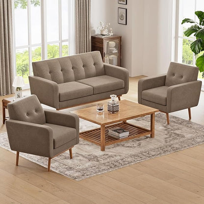 HUIMO Living Room Set, Button Tufted Living Room Furniture Sets, Upholstered Modern Couch Set with Solid Frame, Deep Seat Sofa Set for Living Room, Office (Brown, 3 Piece Set-1*loveseat+2*Chair)