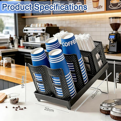Unbreakable All-in-One Coffee Cup Holder Organizer Adjustable 6-Compartment Countertop Cup and Lid Dispenser with Straw and Coffee Pod Storage for Kitchen Office Breakroom Coffee Station Bar