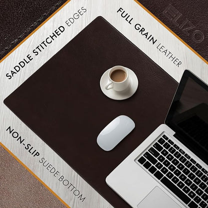Elizo Leather Desk Mat Desk Pad Blotter Set - Real Full-Grain Leather (32x16) 2-Layer Genuine Desk Cover Protector & Large Mouse Pad, Computer Keyboard Desk Accessories for Office & Home
