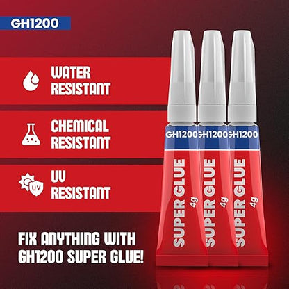 GH1200 - Super Glue for All Purpose - 4 Gram x 16 PCs Super Fast, Thick & Strong Adhesive Superglue - Cyanoacrylate Glue for Hard Plastics, DIY Craft, Ceramics, Frame, Leather, Metal Etc
