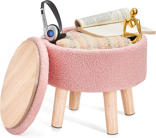 Poofzy Small Ottoman with Storage, Small Foot Stool Ottoman with Wood Legs, Sherpa Foot Rest for Couch, Living Room and Bedroom - Pink