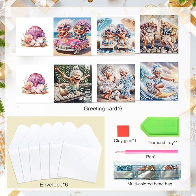 6pcs Diamond Painting Greeting Cards for Blessings and Wishes, Grandma DIY Special Shape Crystal Diamond Art Partial, Surface flash Paper Material, DIY Gifts for Christmas Thanksgiving Day