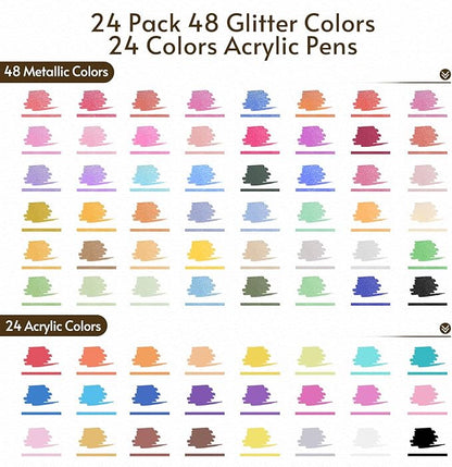 TOSAHRE 72 Colors 48 Pack Dual Tip Glitter Markers & Acrylic Marker Set Shimmer Glitter Marker 24 Pack(48 Colors)+Paint Pens 24 Pack Adult Coloring Marker for Chriatmas Gifts Art Crafts Party Supplies
