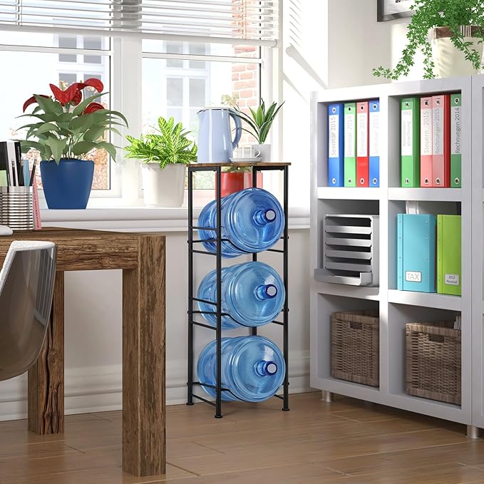 5 Gallon Water Bottle Jug Holder 3-Tier Water Bottle Holder Organizer with Top Shelf, Heavy Duty Water Dispenser Stand Rack for Kitchen Living Room Office, Rustic Brown