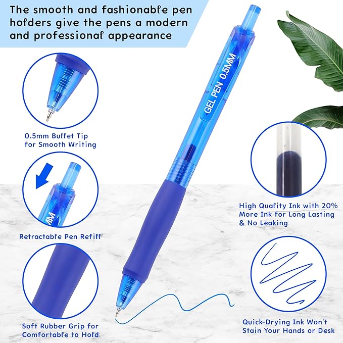 USUAL 12 Pack Retractable Gel Pens 0.5 mm,Blue Ink Pen Fine Point Quick Dry Smooth Writing Rollerball Pens,Writing Ballpoint Pens for Office School Supplies