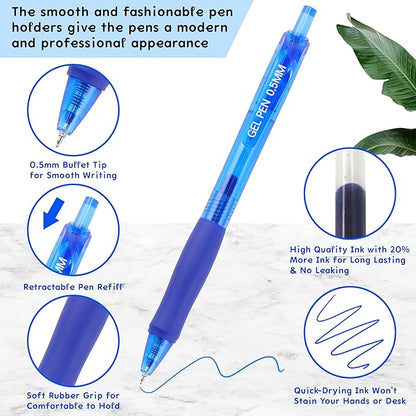 USUAL 12 Pack Retractable Gel Pens 0.5 mm,Blue Ink Pen Fine Point Quick Dry Smooth Writing Rollerball Pens,Writing Ballpoint Pens for Office School Supplies