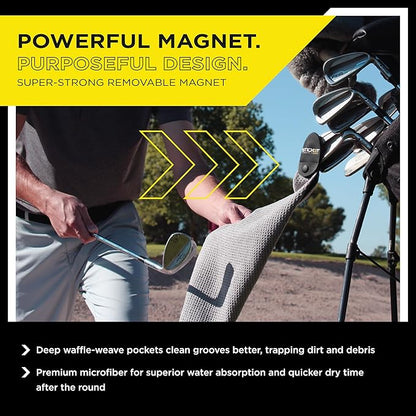 STICKIT Magnetic Towel, Gray | Top-Tier Microfiber Golf Towel with Deep Waffle Pockets | Industrial Strength Magnet for Strong Hold to Golf Carts or Clubs