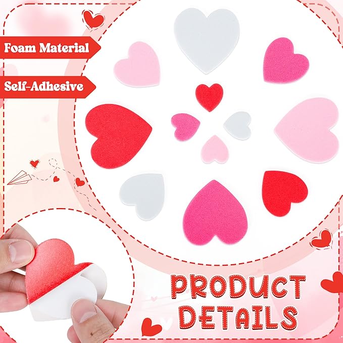 300 PCS Valentines Stickers, Matte Foam Heart Stickers, 3 Sizes Hearts for Crafts, Rose Red Self-Adhesive Valentines Foam Stickers for DIY Wedding Birthday Valentine's Dating