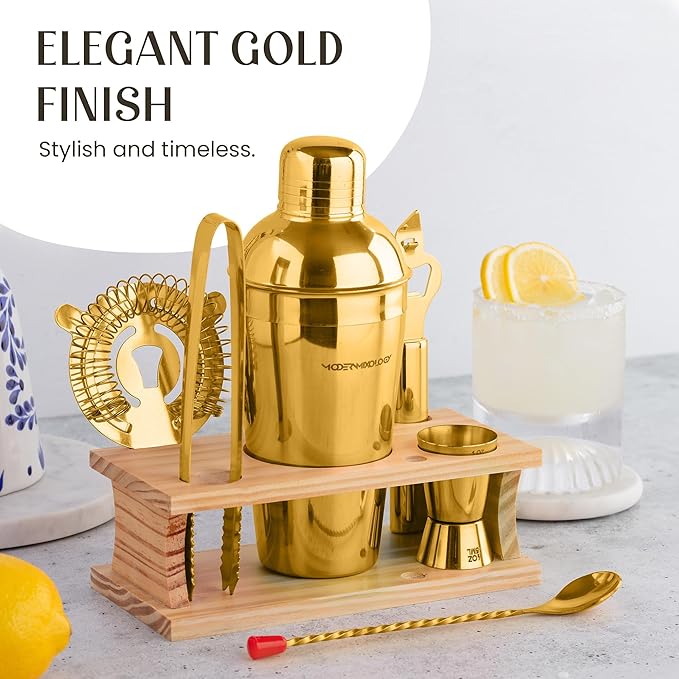 Modern Mixology Cocktail Shaker Set - 8 Piece Bartender Kit on Quality Pine Stand | Complete Cocktail Kit Gift Set | Top Bartender Gifts for Men | Leak Proof Design (Gold)