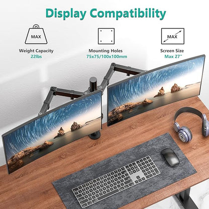 WALI Dual Monitor Stand for 13-27 inch Screens, Dual Monitor Mounts for 2 Monitors, 2 Monitor Desk Mount Holds up to 22 lbs, Height Adjustable Swivel Tilt Rotation, 75x75/100x100mm (M002), Black