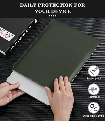 Moko Laptop Sleeve Compatible with New MacBook Pro 14 Inch M3/M2/M1 2023/2022/2021, Slim Stylish Laptop Bag Made of PU Leather, Fliz Sleeve Case, Carry Bag for 14 Inch MacBook, Midnight Green