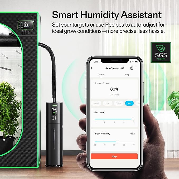 VIVOSUN AeroStream H09 Intelligent Wi-Fi Humidifier, 2.38 Gal / 9 L Humidifier with Temp & Humidity Probe, Smart Remote Control, Designed for Growers (Pack of 2)
