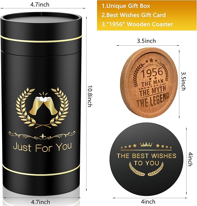 70th Birthday Beer Glasses Gifts, Personalized '1956' Vintage Glass Ware Set for Men, Black Gift Package with Drinking Glass, Coaster, and Card for 70 Years Old Man