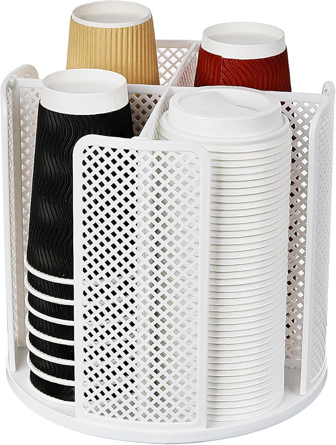 Rotating Cup Dispenser, Coffee Cup Holder with 4 Compartments, Disposable Paper Cup Organizer Fits 5 to 16 oz Cups for Kitchen Cabinets, Detachable Plastic Cup Stand & Lid Holder, White