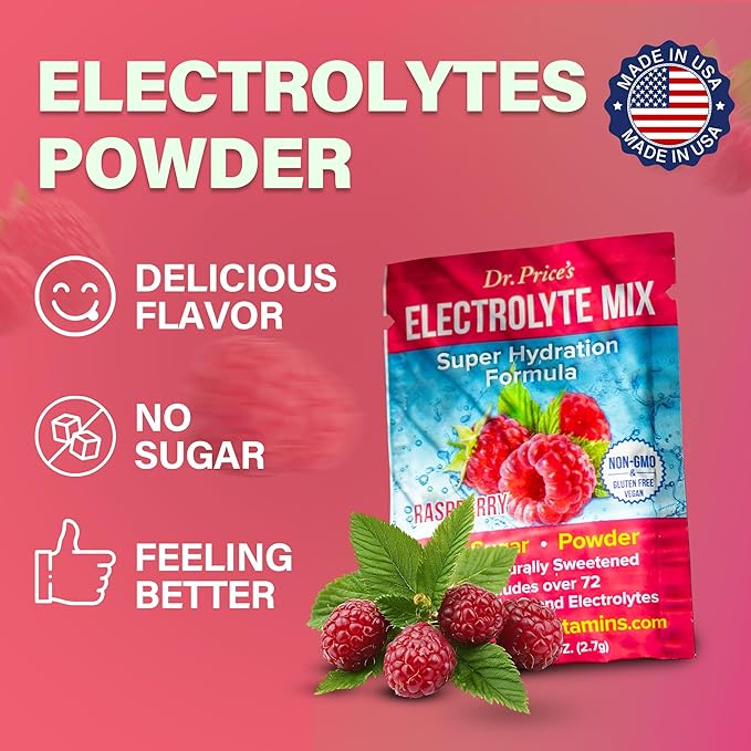 Dr. Price’s Electrolytes Powder Packets | Raspberry 30 Servings | Sugar Free Hydration Packets with 72+ Trace Minerals | Keto, Vegan, Electrolyte Drink Mix | Doctor-Formulated, Made in USA