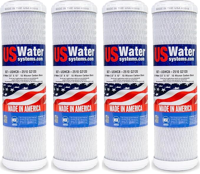 US Water Systems Carbon Water Filter 10 X 2.5, Whole House Water Filter Cartridge 10 Micron, Removes Contaminants for Superior Taste and Odor Removal, Made in the USA - Pack of 4