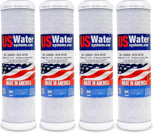 US Water Systems Carbon Water Filter 10 X 2.5, Whole House Water Filter Cartridge 10 Micron, Removes Contaminants for Superior Taste and Odor Removal, Made in the USA - Pack of 4
