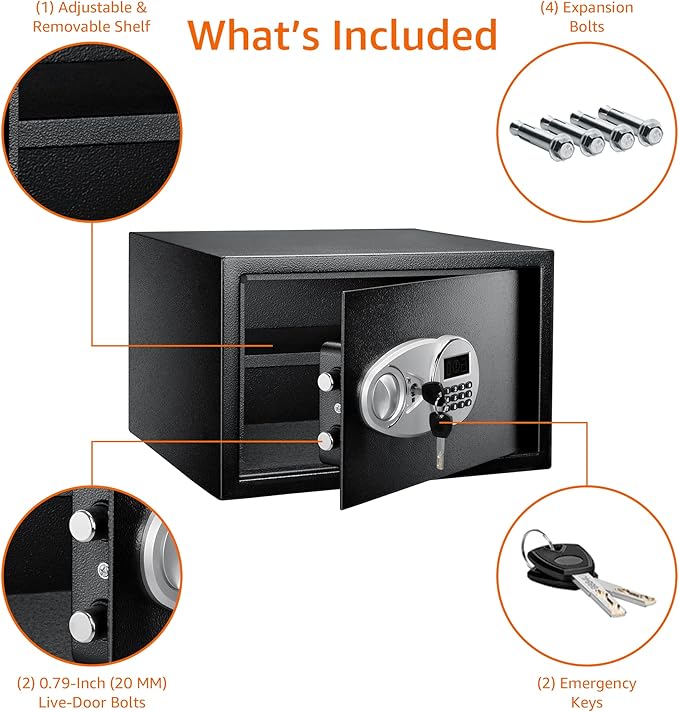 Amazon Basics Steel Security Safe and Lock Box with Electronic Keypad, Easy to Use, Secure Cash, Jewelry, Documents, Black, 1.2 Cubic Feet, 16.9-x-14.6-x-10.6-inches (WxDxH)