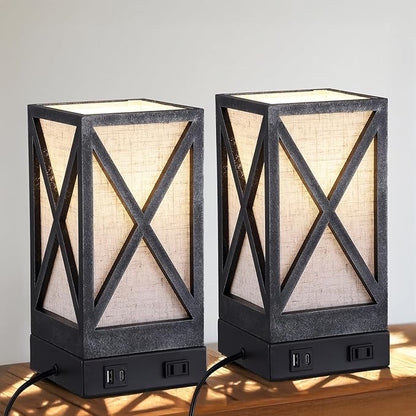 Table Lamp, Set of 2 Rustic Farmhouse Nightstand Lamps, 3 Color Temperatures Desk Lamp with USB Charging Ports AC Outlet Vintage Lamp for Living Room Bed Room, Pewter