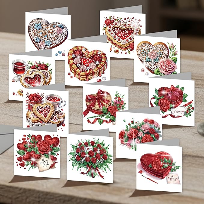 jinglinhh 12pcs Valentine's Day Diamond Art Painting Rose Flower Love Heart Cake Greeting Cards with Envelopes, DIY Card Making Kits for Adults, Diamond Art Holiday Birthday Cards Craft Gifts