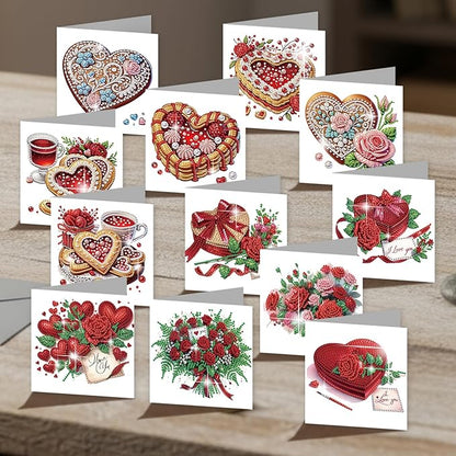 jinglinhh 12pcs Valentine's Day Diamond Art Painting Rose Flower Love Heart Cake Greeting Cards with Envelopes, DIY Card Making Kits for Adults, Diamond Art Holiday Birthday Cards Craft Gifts